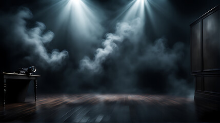 Obraz premium The dark scene has a smoky dark blue background. Empty dark room with spotlights for displaying product design 