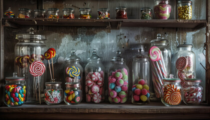 photo of lollipops displayed in a charming, old-fashioned candy shop setting, complete with glass jars and wooden shelves.