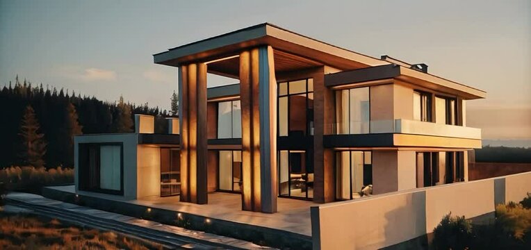 photorealistic modern villa near the forest, hi-tech, neoclassic