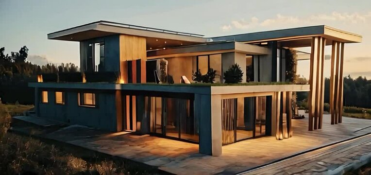 photorealistic modern villa near the forest, hi-tech, neoclassic, patterned facade panels