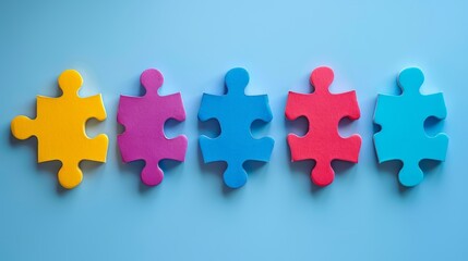 A row of colorful jigsaw puzzle pieces on a blue background