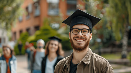 Portrait of Cheerful and Confident Young Man in Graduation Cloak and Hat with Friends - Graduation Day Ceremony Celebration