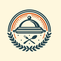 A warm-toned stylized design features a cloche, fork, knife, and laurel wreath