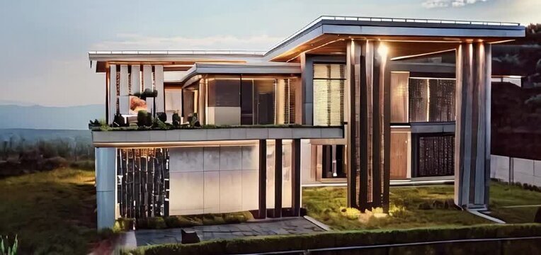 photorealistic modern villa near the forest, hi-tech, neoclassic, patterned facade panels, sharp angle parapets, futuristic shapes