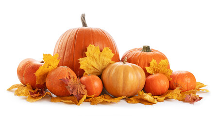 A bunch of pumpkins and leaves are arranged on a white background
