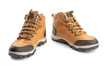 Two brown hiking boots with laces