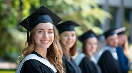 Portrait of Young Cacuasian female student wearing black cloak and graduation hat, standing with her friends in campus permisses outdoor, Success and joy of her academic achievement