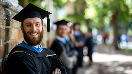 Portrait of Cheerful and Confident Young Man in Graduation Cloak and Hat with Friends - Graduation Day Ceremony Celebration