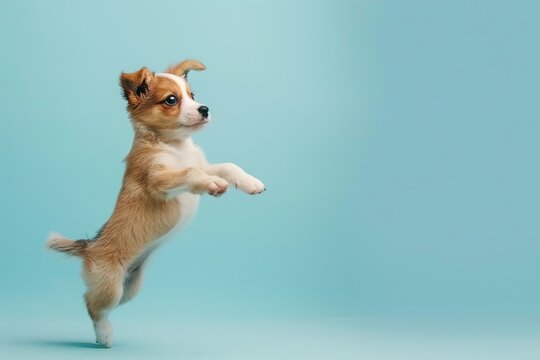 Active agile puppy jumping high in the air on a blue color studio background. Young dog playing, flying. Cute ?hihuahua pup looking happy isolated on colorful backdrop. Creative flyer for your ad
