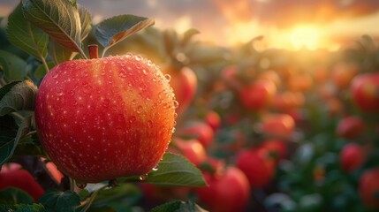 Obraz premium Tranquil Apple Orchard Scene with Lush Green Trees and Ripe Red Apples in a Peaceful Countryside