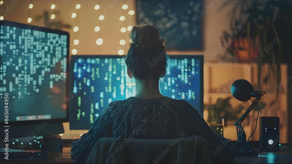 Poster A person decrypting an encrypted message on a glowing computer screen in the dark