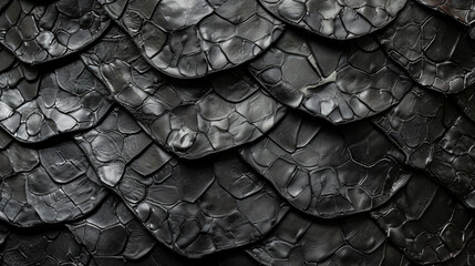 
Black leather scales of dragon skin texture background, seamless pattern. Black dragon scale leather wallpaper for design or decoration.