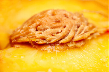 Peach texture. Juicy peach pulp with seed. Selective focus