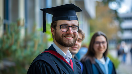 Fototapeta premium Portrait of Cheerful and Confident Young Man in Graduation Cloak and Hat with Friends - Graduation Day Ceremony Celebration