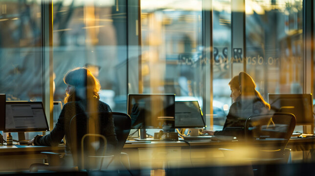 vue de bureaux lumineux en open space derri&egrave;re une vitre illumin&eacute; par les rayons du soleil