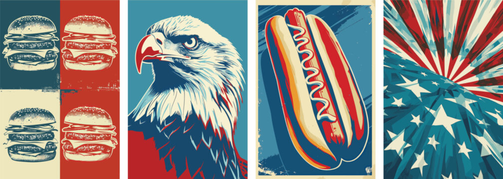 Set of American 4th July celebration posters. With iconic American icons. Patriotic USA background