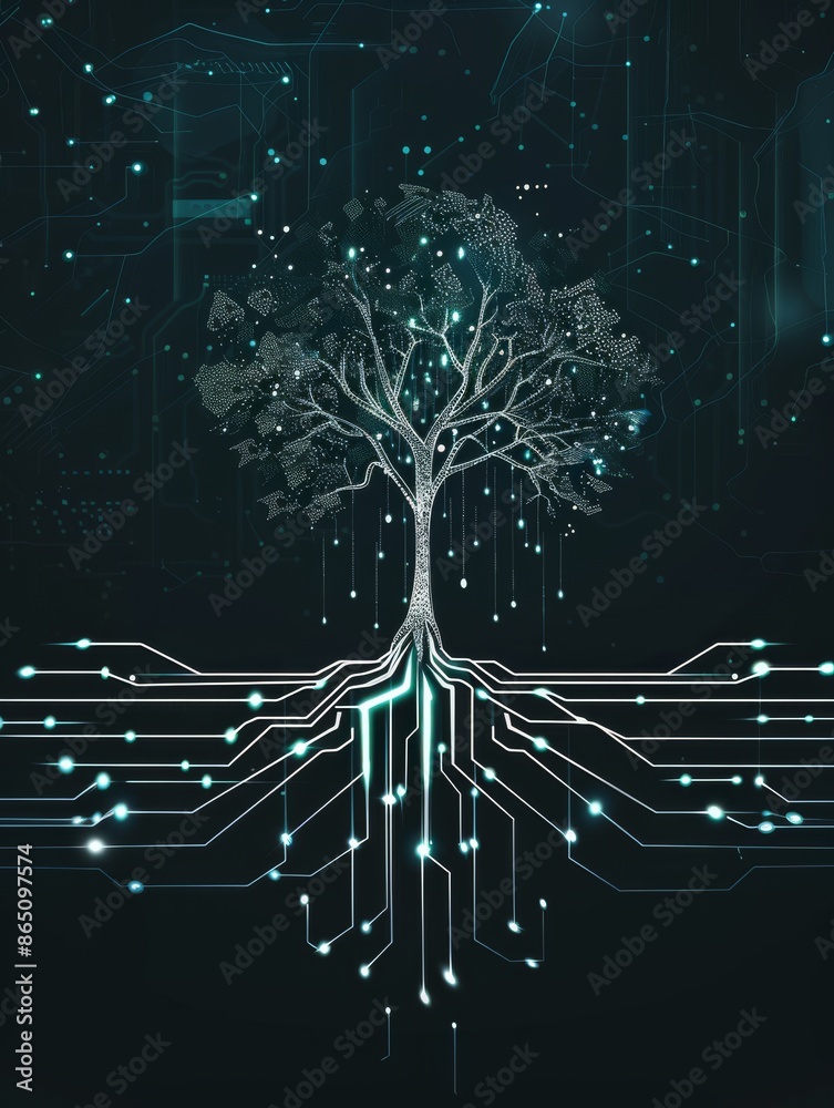 Poster digital tree illustration representing technology and nature integration with circuit board elements