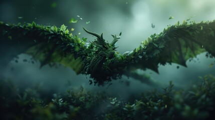 Fototapeta premium Enchanting Forest Dragon Soaring Through Misty Greenery with Lush Foliage and Mystical Atmosphere
