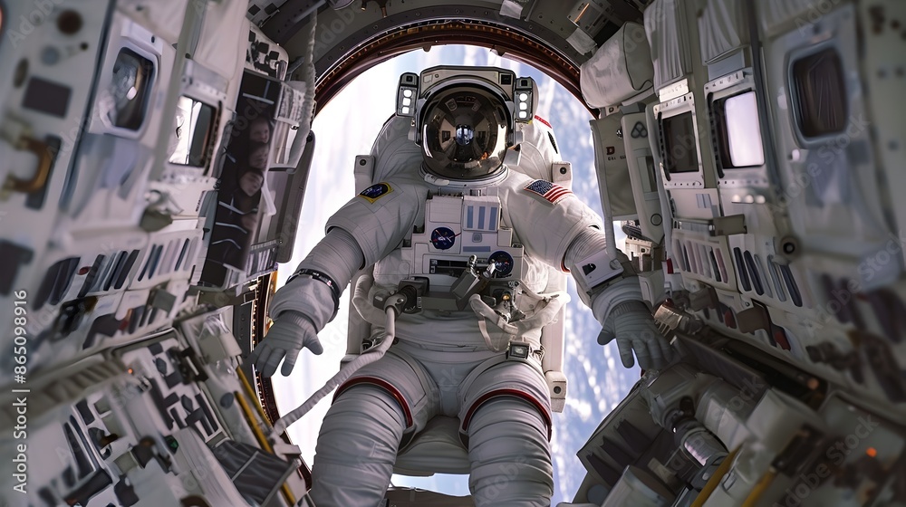 Poster Astronaut in Spacesuit Experiences Zero Gravity Inside Spacecraft
