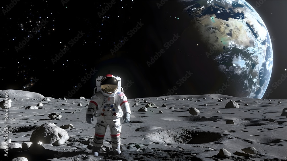 Poster Astronaut in Spacesuit Exploring the Lunar Landscape with Earth in the Background