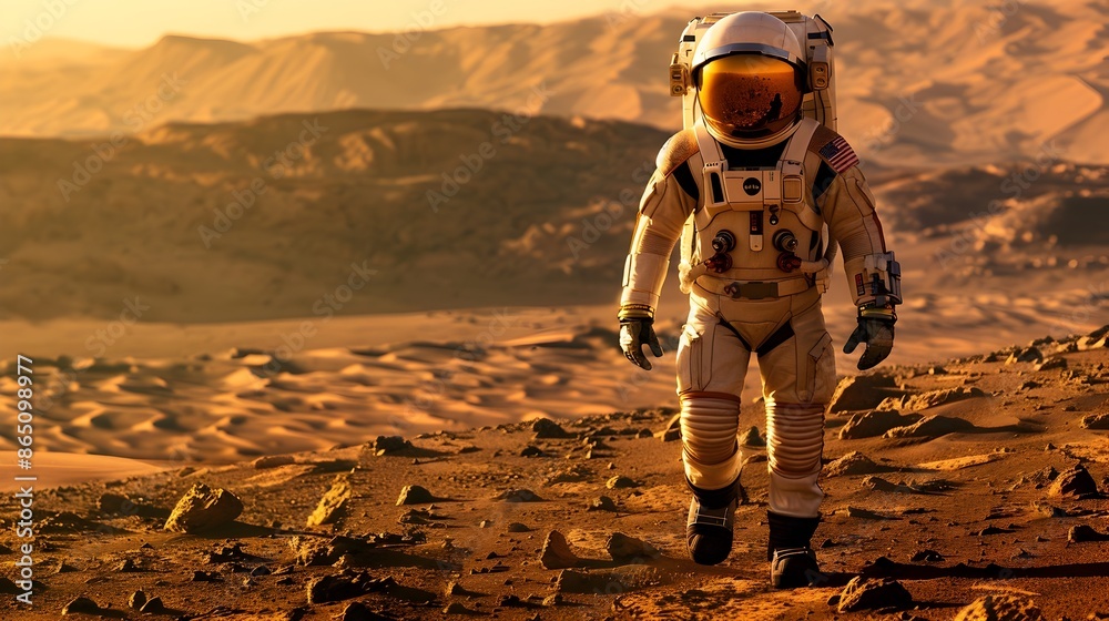 Poster astronaut in spacesuit exploring rugged martian landscape