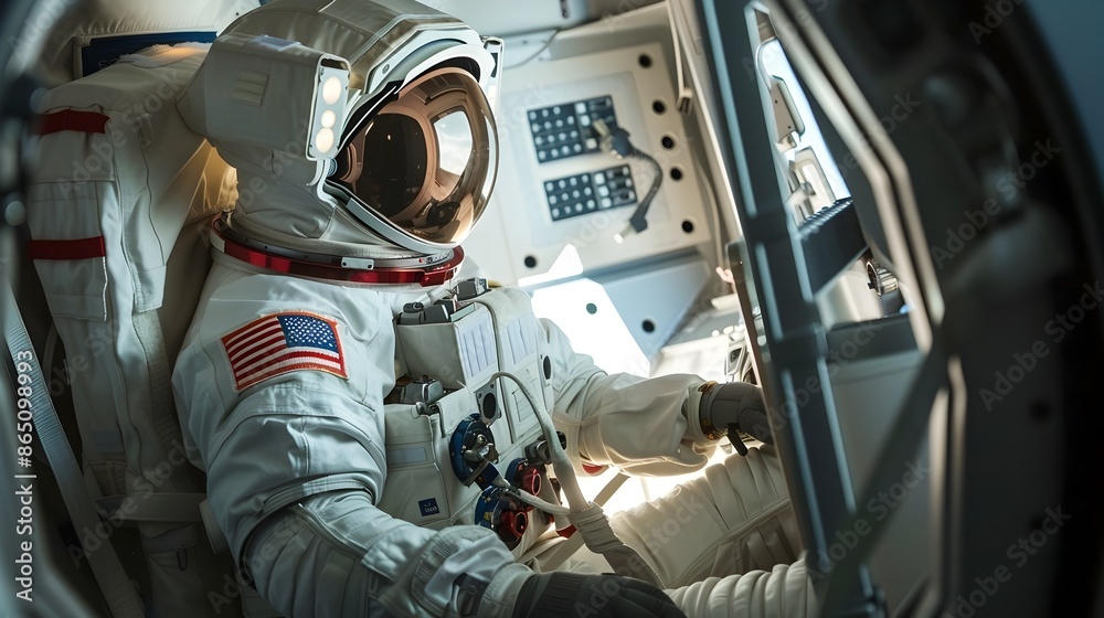 Poster Astronaut in Spacesuit Experiencing Zero Gravity Inside Spacecraft