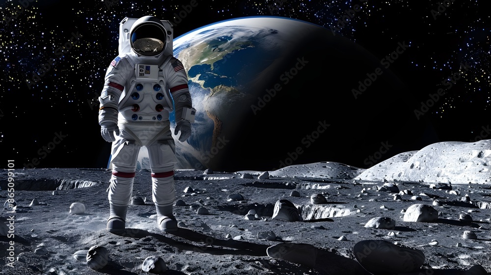 Poster Astronaut in Spacesuit Stands on Lunar Surface with Distant Earth in Background