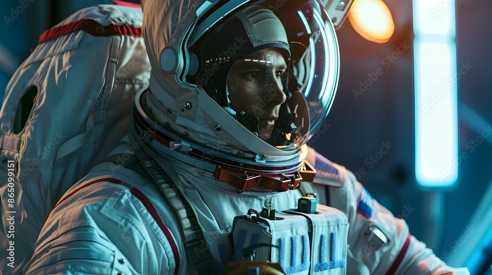 Aufkleber Astronaut in Spacesuit Using Advanced Space Tools and Equipment for