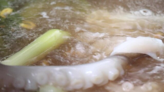 팔팔 끓는 전골 국물로 들어가는 낙지