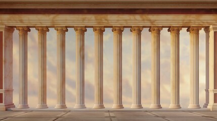 An image of ten tall marble columns against a cloudy sky background