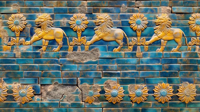  a portion of the Ishtar Gates blue brick wall adorned with intricate golden lion and flower designs