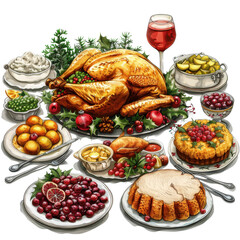 Christmas feast with turkey and sides, holiday dinner element