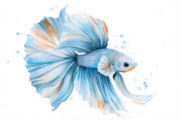 Fototapeta premium A vibrant blue and orange betta fish with flowing fins, isolated on a white background with watercolor splashes.