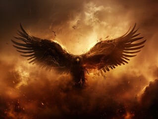 Fototapeta premium Majestic Eagle Soaring Through Fiery Skies with Dramatic Lighting and Intense Atmosphere