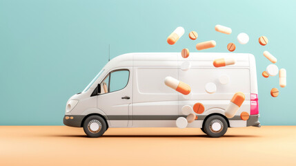 3D illustration of a white delivery van with floating pills and capsules against a blue background, symbolizing medical delivery services.