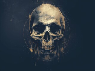 Mysterious Dark Skull Artwork with Grunge Texture and Golden Accents on Black Background