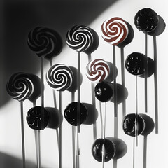 photo of lollipops casting strong shadows on a white surface, emphasizing the contrast between the bright candy and the dark shadows. Produce a whimsical scene with lollipops as trees in a candy land 