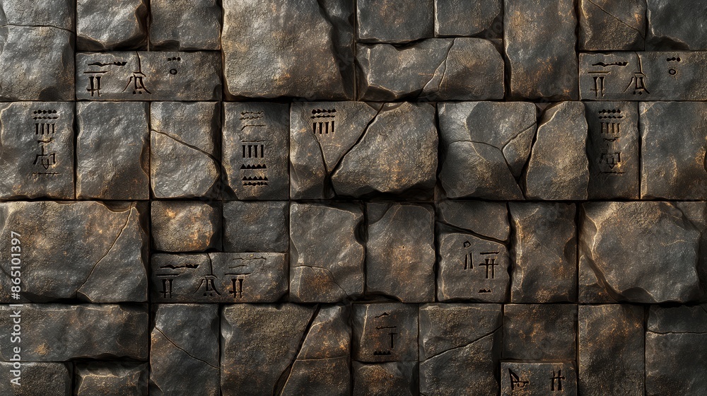 Poster A close-up view of an ancient stone wall with carved symbols, showcasing the textures and patterns of the weathered stones