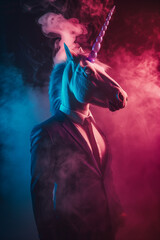 Obraz premium A unicorn in a suit, smoke around its body, dark blue background, pink light on top of its head, portrait photography, art creative