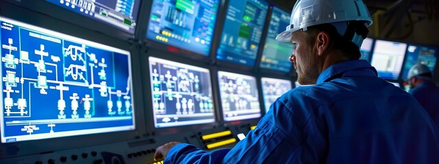Engineer Overseeing Industrial Control Panel Multiple Screens Advanced Technology Monitoring