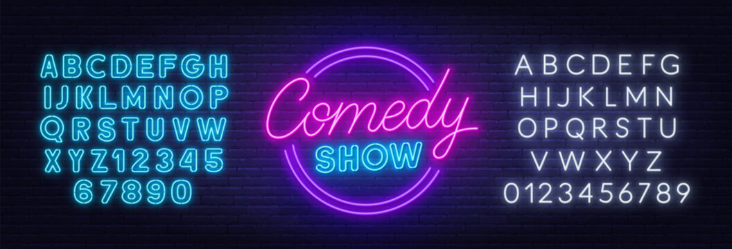 Comedy Show Sign on brick wall background.