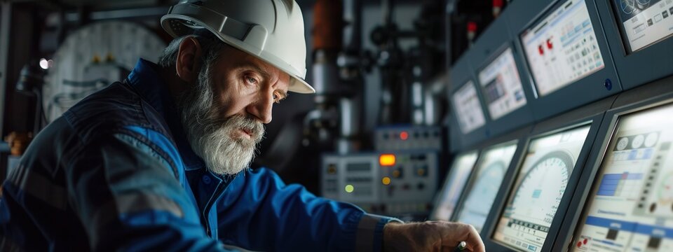 Engineer Monitoring Advanced Technology Systems in Industrial Control Room Multiple Screens - Powered by Adobe