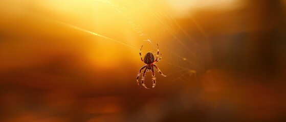 Golden Hour Spider on Web with Sunlight Background in Nature