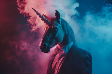 Obraz premium A unicorn in a suit, smoke around its body, dark blue background, pink light on top of its head, portrait photography, art creative