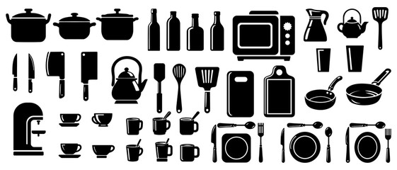kitchen utensils silhouettes. Kitchen tools vector. Kitchen elements silhouette black filled vector Illustration icon.