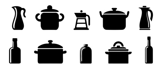kitchen utensils silhouettes.  Kitchen tools vector. Kitchen pots, bottles and jugs silhouette black filled vector Illustration icon