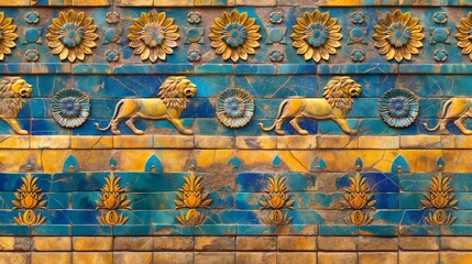  an ancient Babylonian glazed brick wall featuring rows of lions and floral motifs