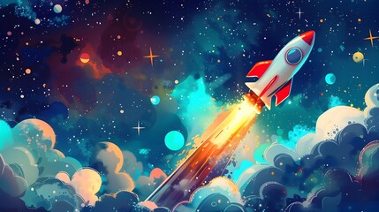 Obraz premium Cartoon Rocket Ship Launch into Outer Space Adventure
