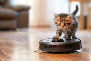 The kitten is sitting on a black robot vacuum cleaner. Housework and the concept of smart technology, Clean floor.