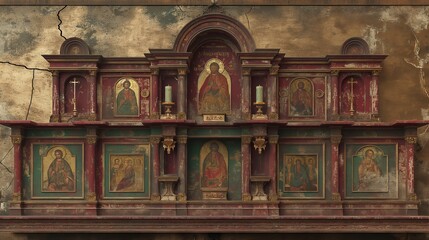 A weathered and detailed wooden iconostasis with religious images set into a cracked plaster wall